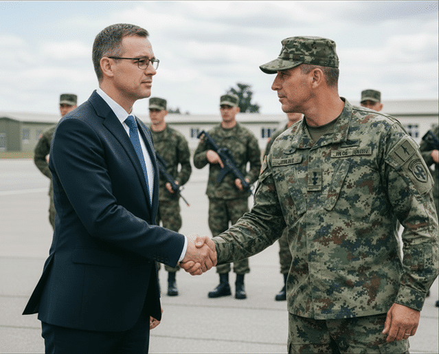 Businessman and soldier shake hands on a military base.