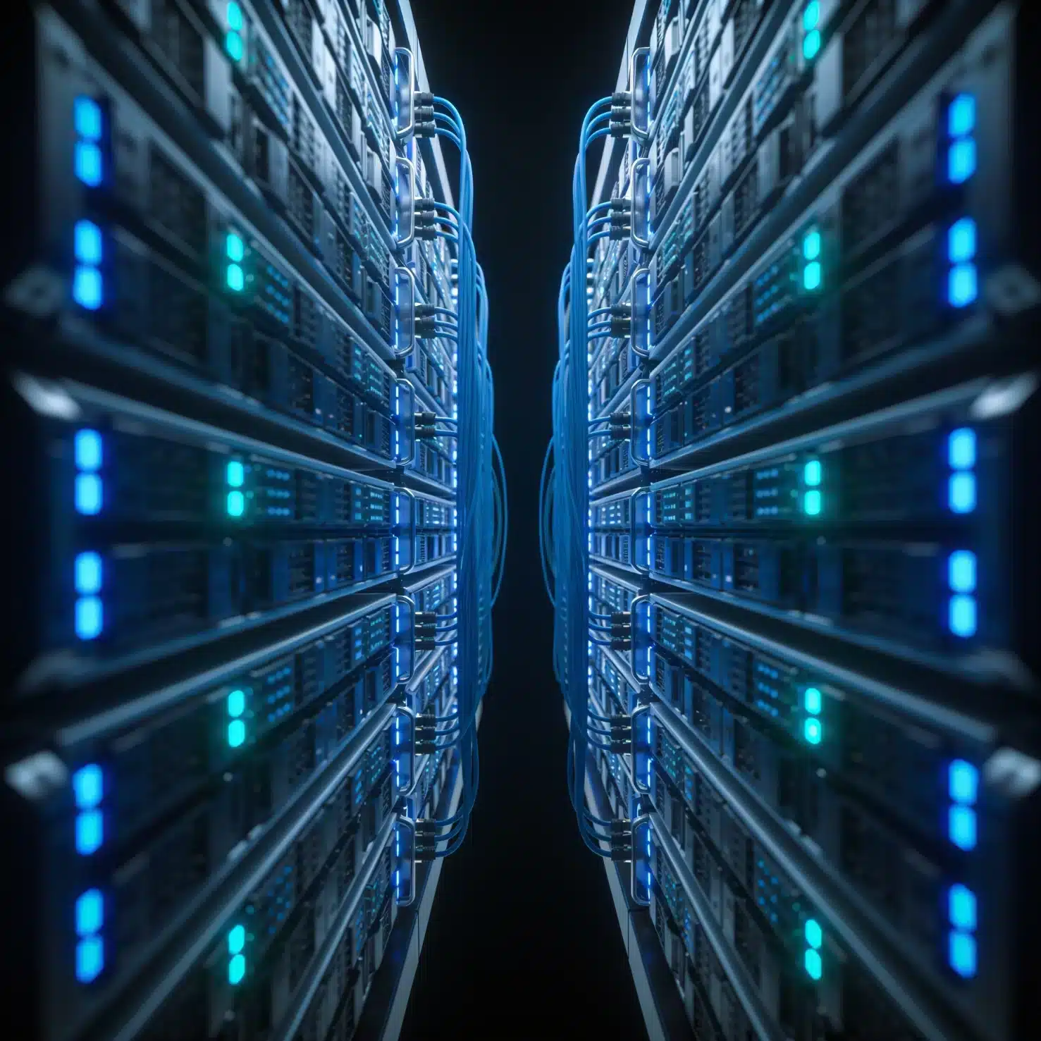 Data server with blue and green lights