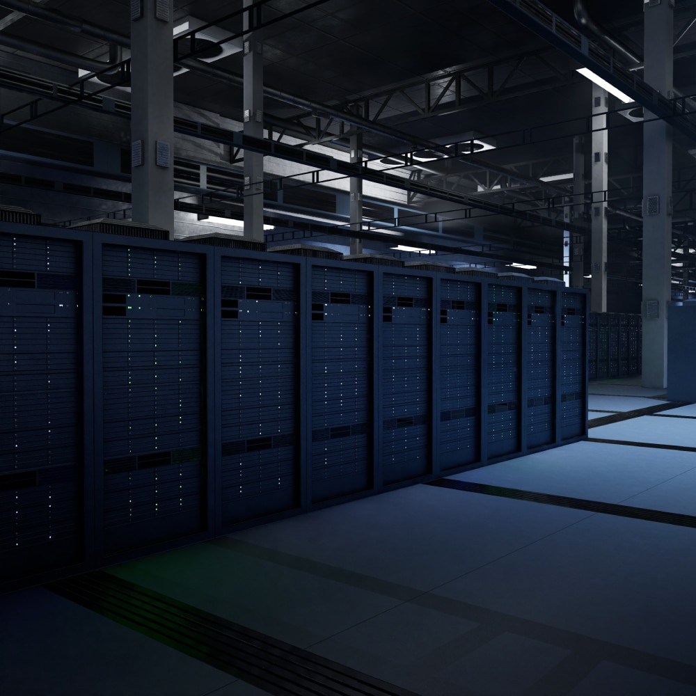 Data center with server racks, modern technology environment